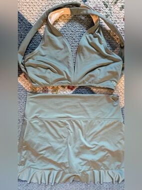 Source Unknown Olive Green Halter Bikini Top and Skirt Set